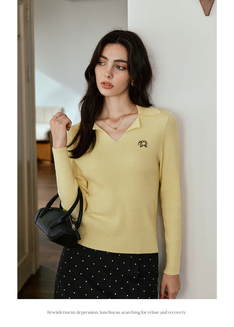 Oulain Commuter Collar Knit Pullover Sweater for Women, Autumn New Style, Versatile Slimming Top, Yellow, XL 8