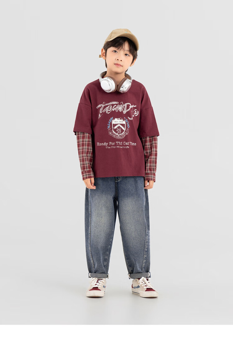 Duoduojia Boys' Sweatshirt, Spring And Autumn Style, Patchwork Long Sleeve, Plaid Retro Print, Children's Faux Two-Piece, Korean-Style Academic Style Top 22