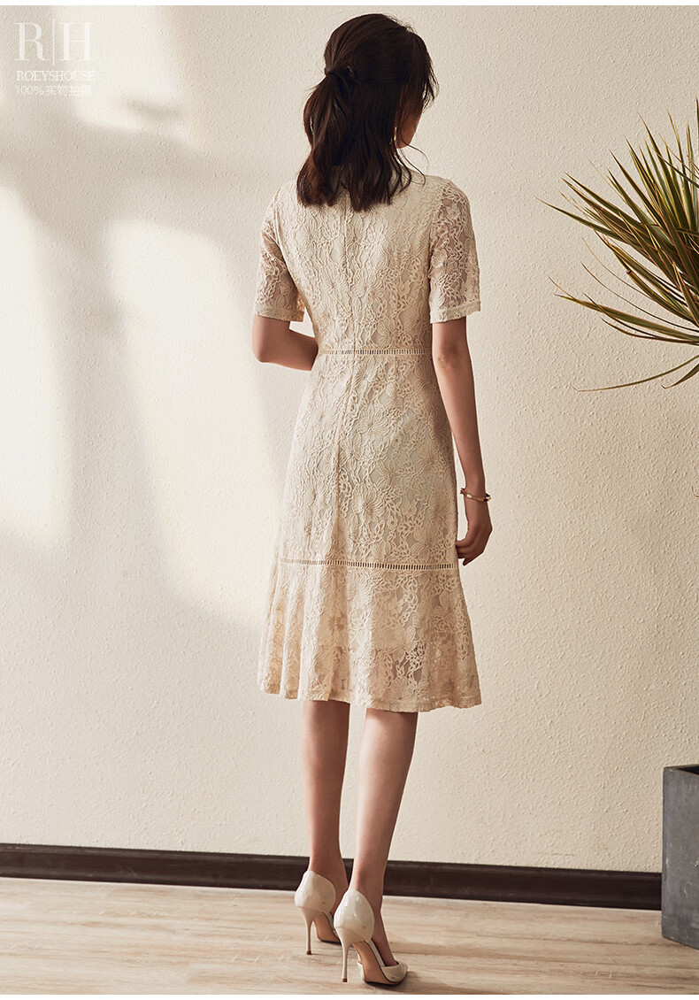 罗衣蕾丝短袖连衣裙女夏装新款气质优雅鱼尾摆杏色中长裙6954 杏色 s