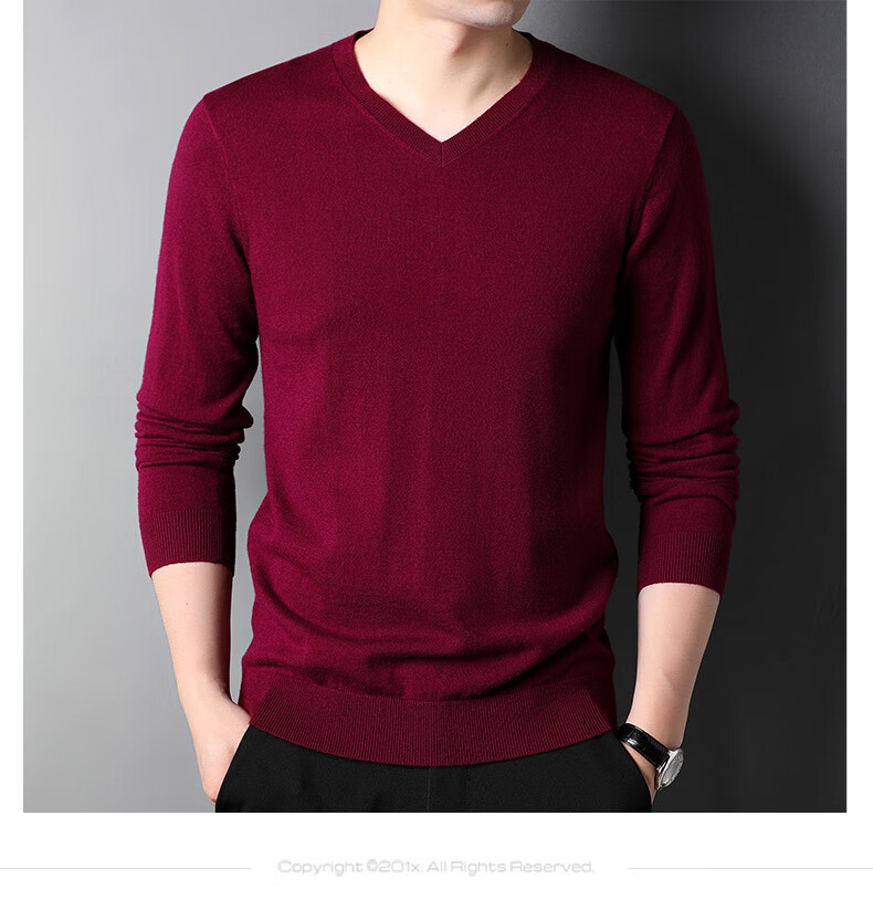 ROMON 100% Pure Wool Men's Classic Basic Thin V-Neck Sweater Autumn Winter Casual Knitwear Base Layer 10