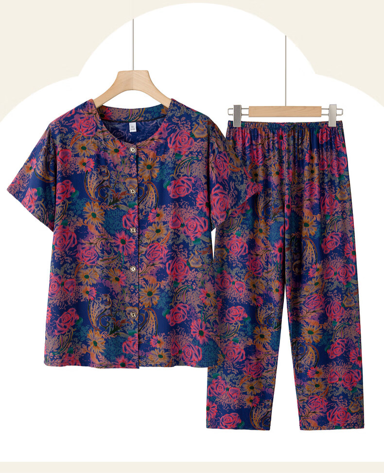 Fengxiao Middle-Aged and Elderly Women's Summer Cotton Silk Short Sleeve Set for 60-70 Year Olds Stylish Grandma Two-Piece Outfit 2