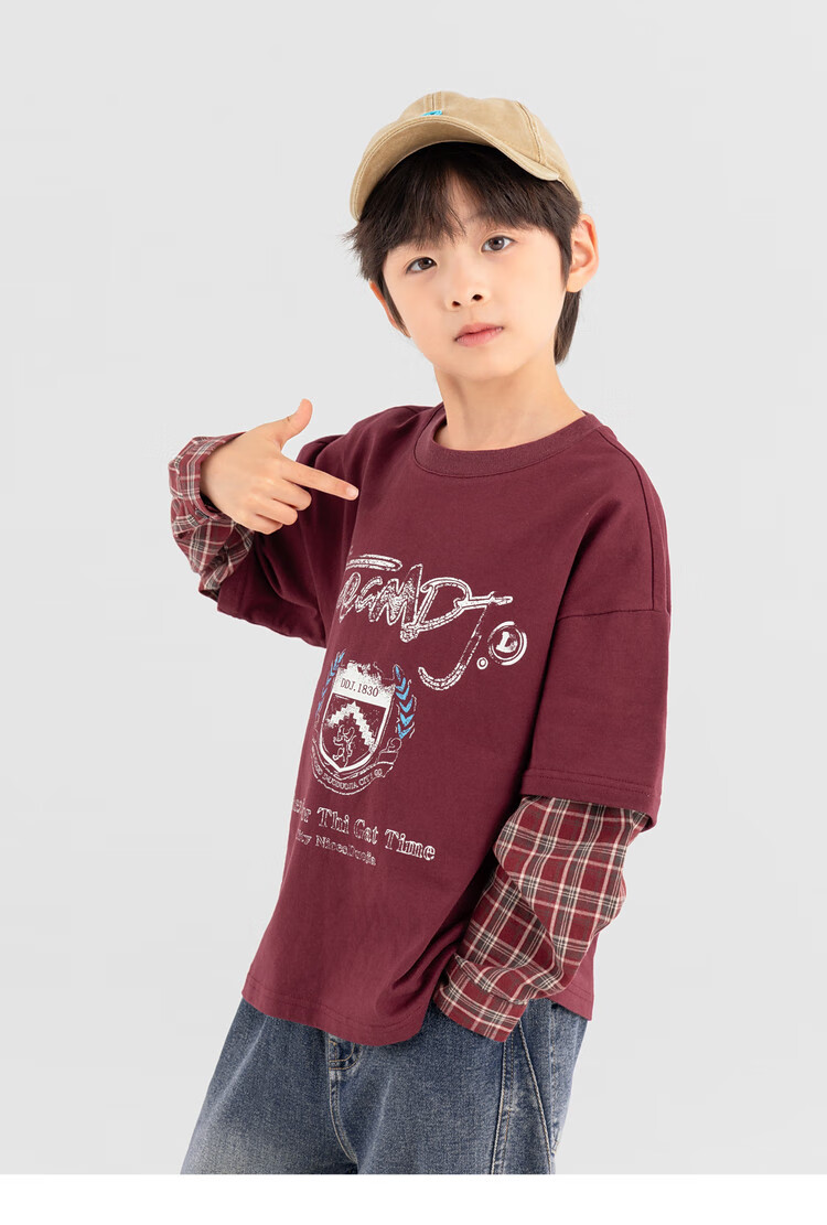 Duoduojia Boys' Sweatshirt, Spring And Autumn Style, Patchwork Long Sleeve, Plaid Retro Print, Children's Faux Two-Piece, Korean-Style Academic Style Top 17