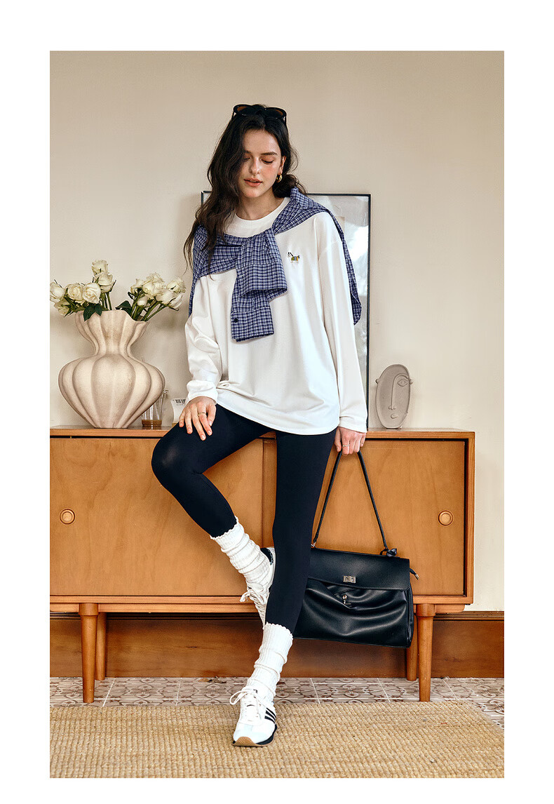 Olrain Casual Versatile Top for Women, Autumn New Loose Mid-Length Brushed Long-Sleeve T-Shirt, Black, Size S 2