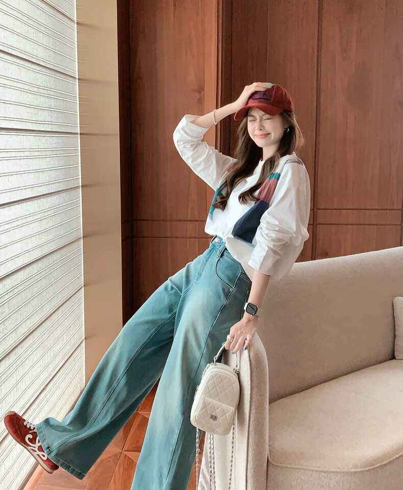 MEIYANG Drawstring Pants No. 2 Denim Straight-Leg with Stretch in Four Directions [60 Series], Blue-Green, 2XL 22