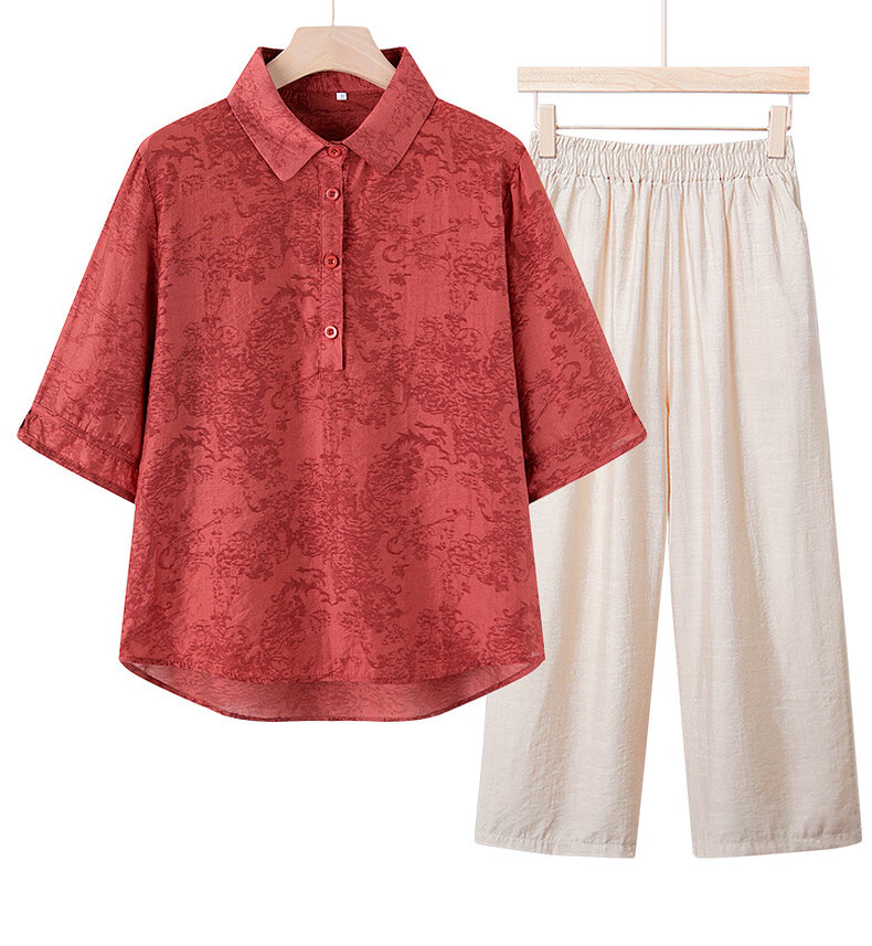 Yalu Middle-aged and Elderly Women's Summer Set 2026 New Mom's Fashionable Short Sleeve Shirt for Women Aged 40-50 5
