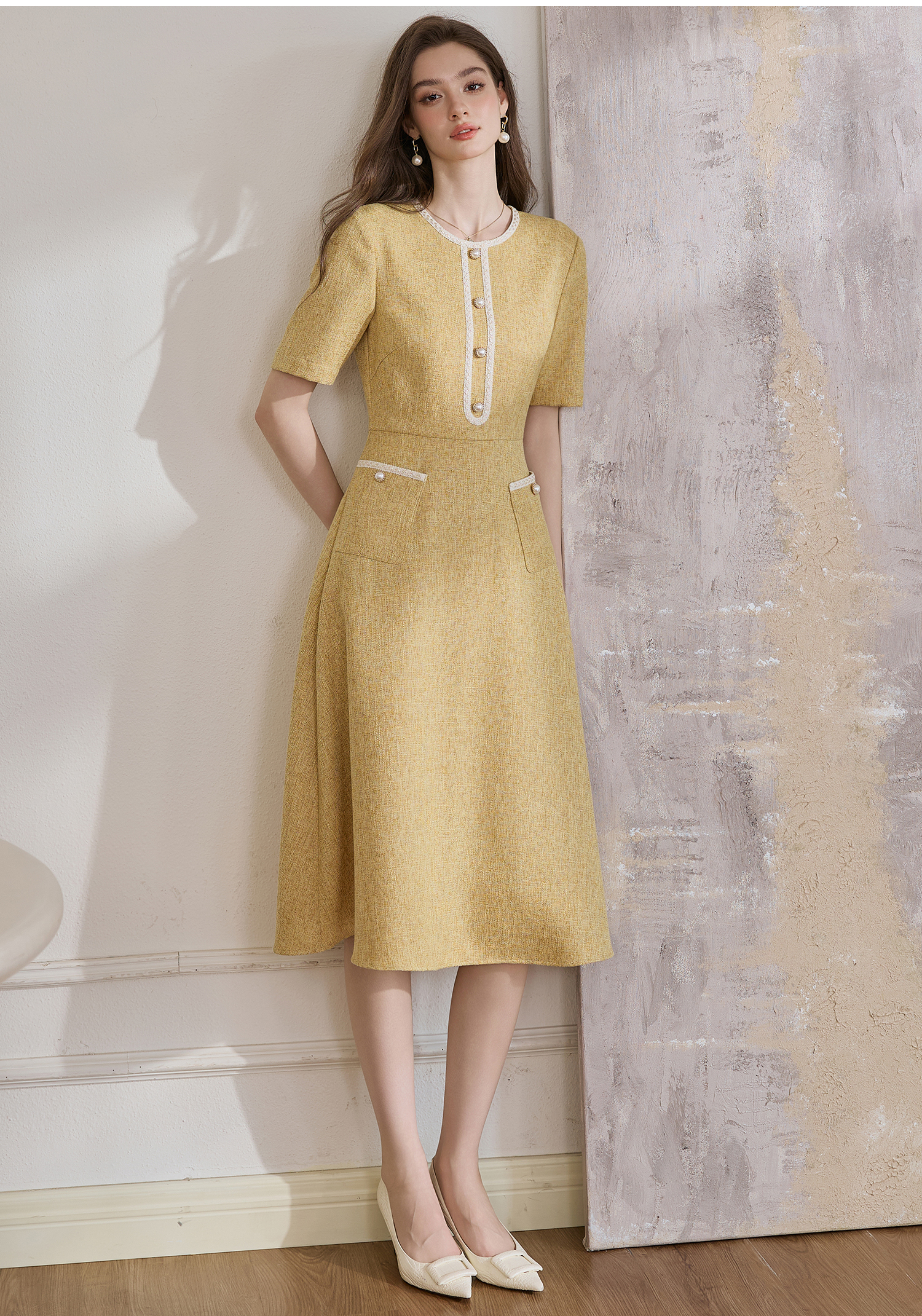 ROEYSHOUSE Elegant Waist-Cinching Flared Dress, Summer Style, Chanel-Inspired Mid-Length Dress 11594, Yellow, S 7