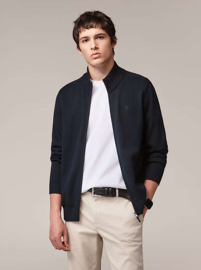 HAZZYS Men's Spring and Autumn Casual Stand Collar Zipper Pure Cotton Knit Cardigan ABYZD0CCX25 2