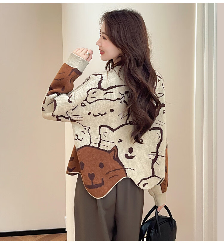 TonLion 2025 Autumn Crew Neck Irregular Hem Cartoon Pattern Pullover Sweater Cute Youthful College Style Korean Version 6