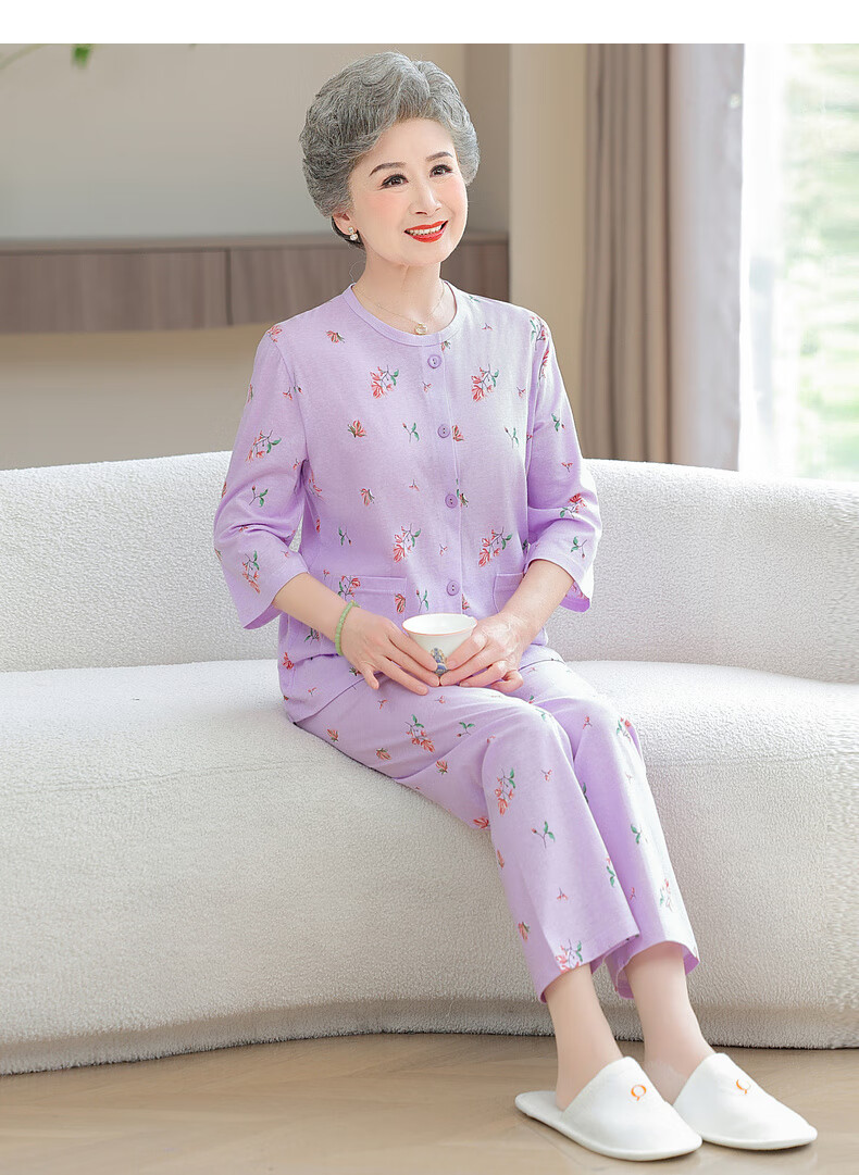 Fengxiao Middle-aged and Elderly Mom Spring Pajama Set Two-piece Pure Cotton Elderly Homewear Grandma Loose Long Sleeve Suit 11