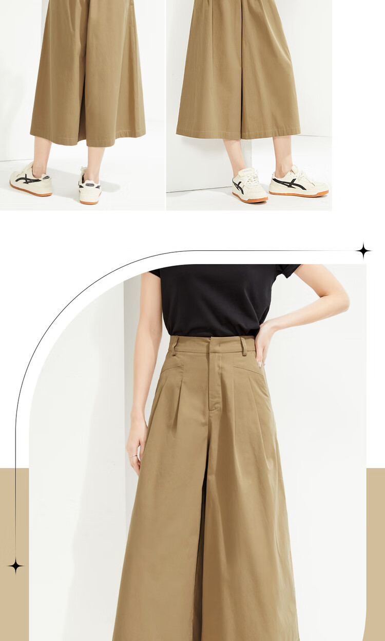 Giordano Women's Cropped Pants, Summer New Style, Pure Cotton Pleated Wide-Leg Pants, Semi-Elastic Waist, Thin Skirt Pants, 05425328 16