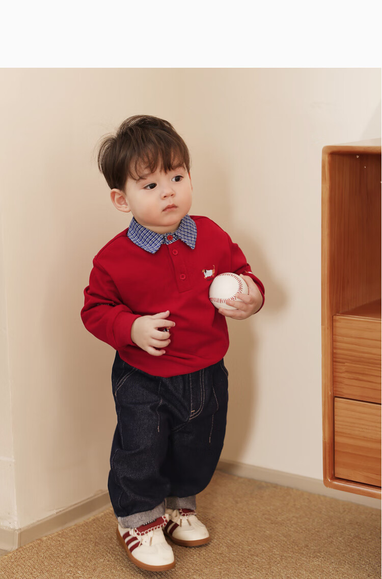 LUSON Xiao O Ba Baby Boy Spring And Autumn Sweatshirt Pullover, Red Faux Two-Piece Stylish Design, New Style for Autumn 2025, Infant Clothing 9