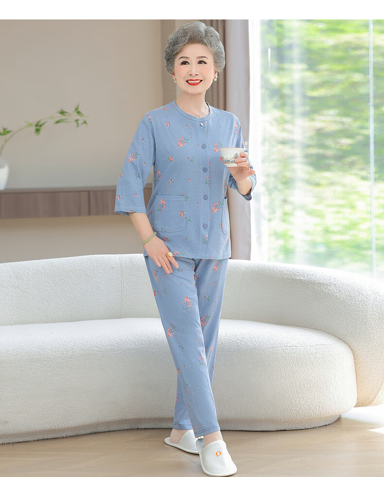 Fengxiao Middle-aged and Elderly Mom Spring Pajama Set Two-piece Pure Cotton Elderly Homewear Grandma Loose Long Sleeve Suit 13