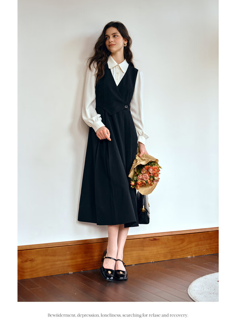 Olrain Elegant Color-Block Spliced Faux Two-Piece Dress Women Autumn New Long Sleeve Dress Black S 6