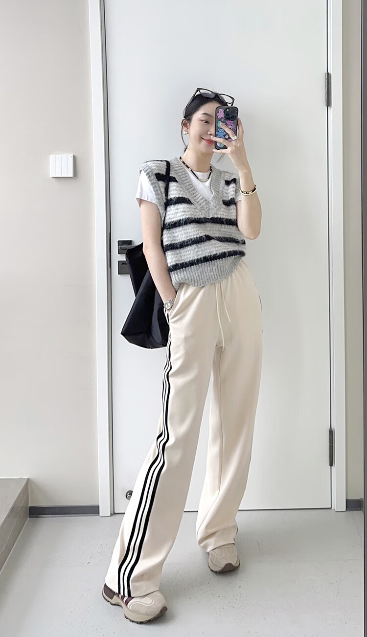 MEIYANG Raw Cheese Casual Pants, Exceptional Skin Feel Air Striped Straight-Leg, Beige Extended Version, S 27