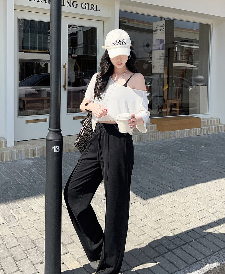 MEIYANG Tilted Line Casual Pants, Modal Blend Vertical Striped Texture Straight-Leg Pants, Black Extended Version, L 16