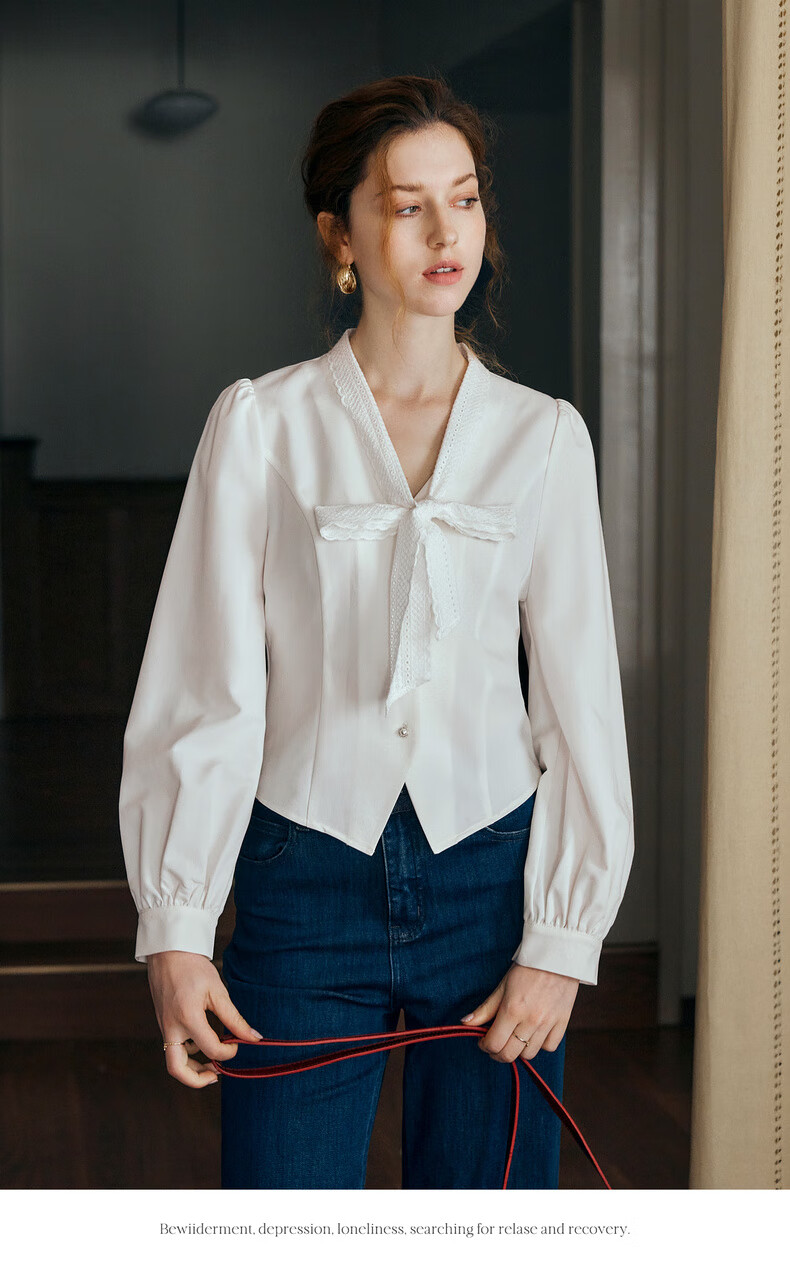 Oulain French Sweet Short Blouse for Women, Autumn New Style with Lace Trim And Ribbon, Casual Top, White, Size S 5