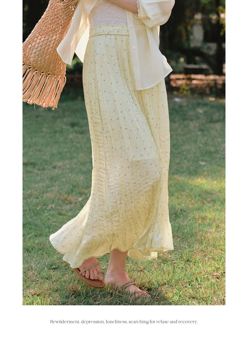 Olrain Yellow Polka Dot Pleated A-Line Skirt Women's Summer High Waist Mid-Length Skirt Yellow S 18