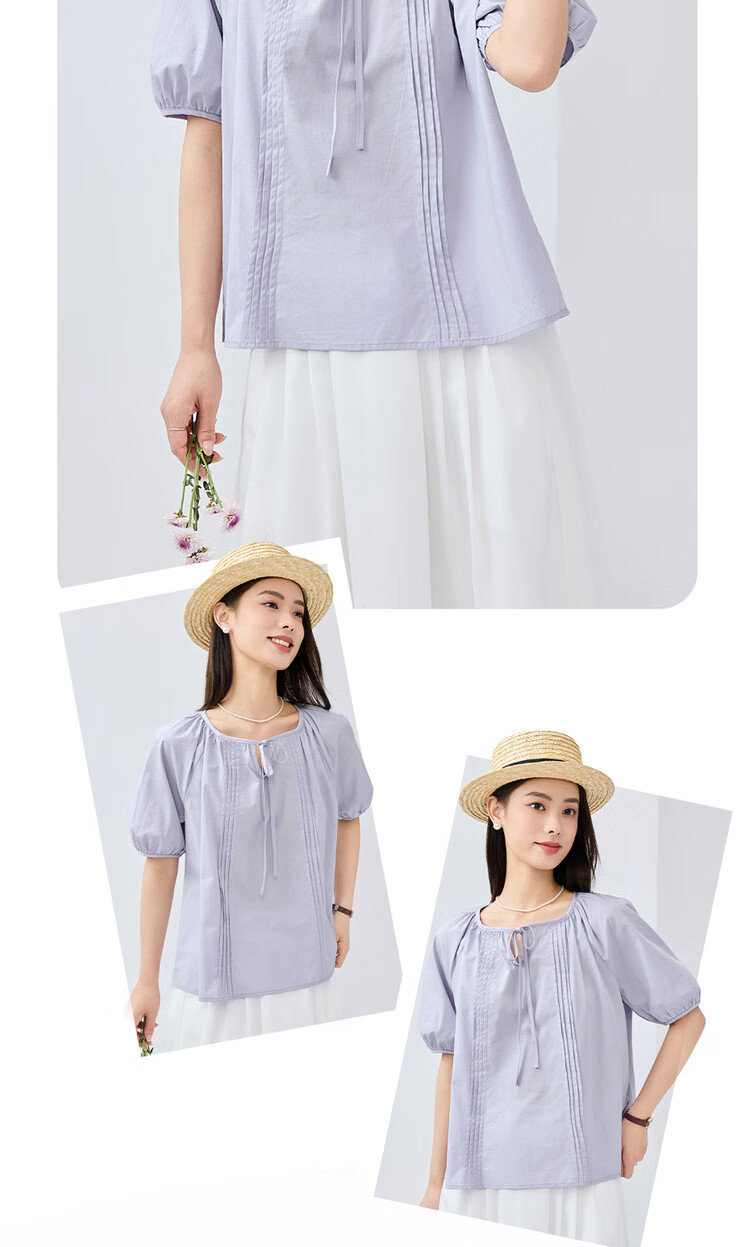 Giordano Women's Short-Sleeve Shirt, Pure Cotton, Brocade, Tie-Up Collar, Pleated, Raglan Sleeve, French Style, Elegant Blouse, 13345305 17