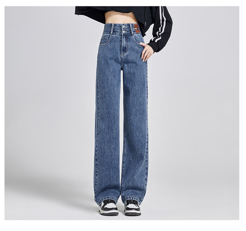 ROMON [American Casual Style] Women's Jeans, Summer High-Waist Versatile Loose Wide-Leg Slimming Straight Pants, Vintage Blue, Size M 10