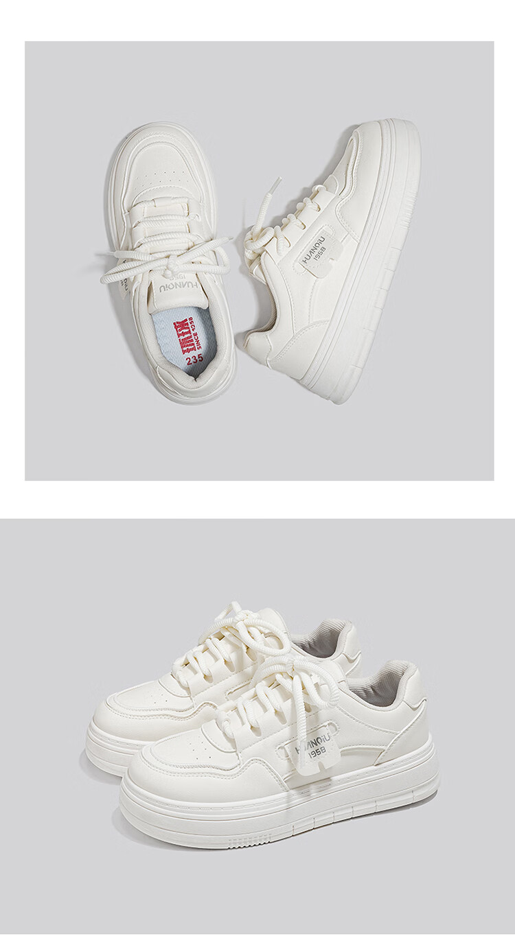 HUANQIU Sold by JD Store Thick-Soled White Sneakers for Women, Versatile Korean Style Heightening Slimming Comfortable Breathable Casual Skateboard Shoes 7