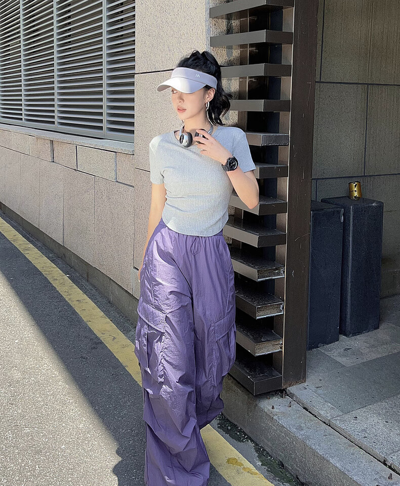 MEIYANG Sun Protection Pants UPF50+, Slightly Wrinkled Pleated Cargo Pants [Small 70 in Stock], Purple, L 14