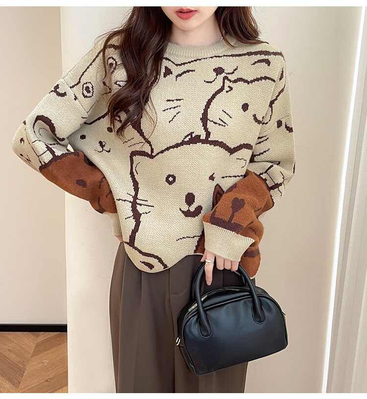 TonLion 2025 Autumn Crew Neck Irregular Hem Cartoon Pattern Pullover Sweater Cute Youthful College Style Korean Version 8
