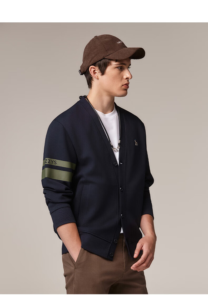 HAZZYS Men's Spring and Autumn V-Neck Casual Jacket with Color-Block Sleeves Cardigan Sweatshirt ABTZE0CCX34 6