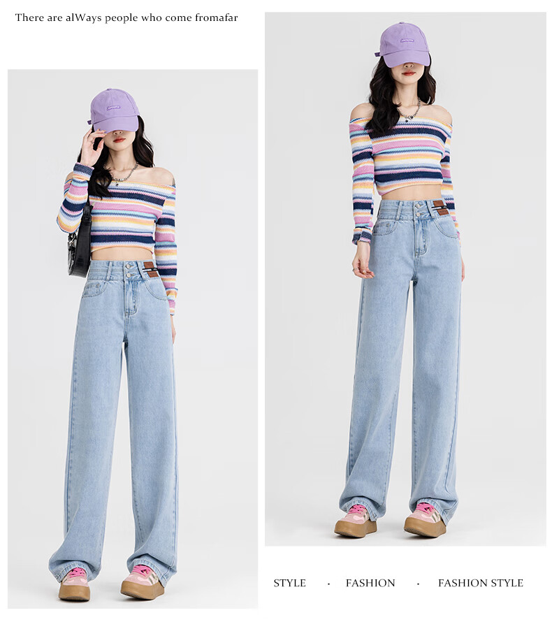 ROMON [American Casual Style] Women's Jeans, Summer High-Waist Versatile Loose Wide-Leg Slimming Straight Pants, Vintage Blue, Size M 16