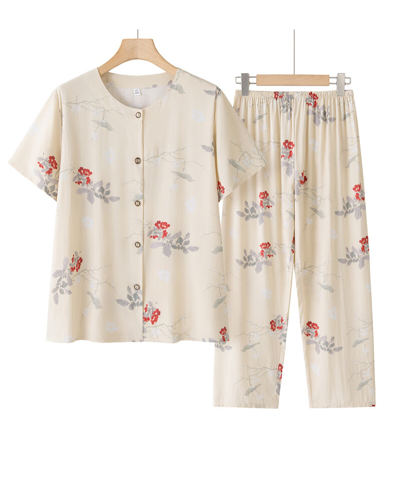 Fengxiao Middle-Aged and Elderly Women's Summer Cotton Silk Short Sleeve Set for 60-70 Year Olds Stylish Grandma Two-Piece Outfit 15