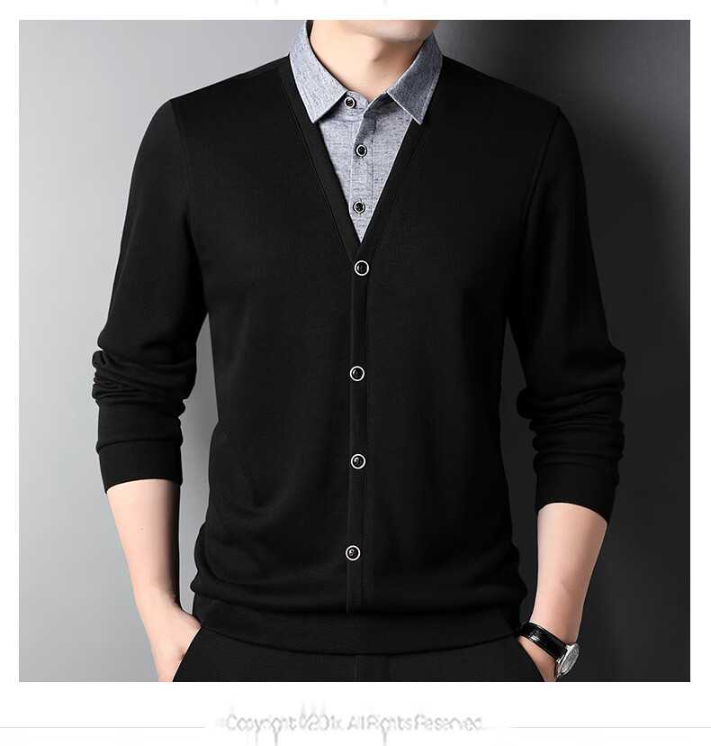 ROMON Autumn Winter Fake Two-Piece Knit Sweater Men Lapel Base Shirt Business Casual Warm Sweater for Young and Middle-Aged Men 9
