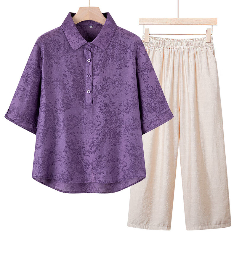 Yalu Middle-aged and Elderly Women's Summer Set 2026 New Mom's Fashionable Short Sleeve Shirt for Women Aged 40-50 6