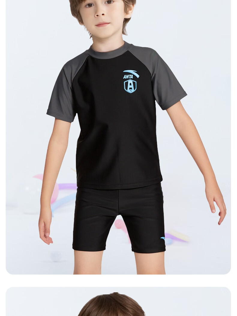 ANTA Men's Children's New Two-Piece Swimsuit, Short-Sleeved Sun Protection, Youth Swimwear, for Older Kids, Beach Shorts, Black, Size 160 18