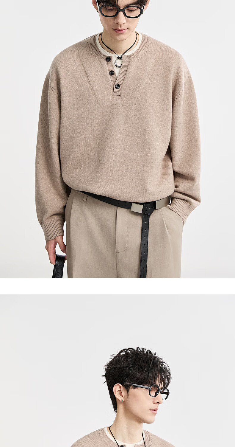Earl Zuoer Wool Blend Two-in-One Henry Collar Autumn 2025 Long Sleeve Knit Base Shirt Men's Colorblock Sweater 8