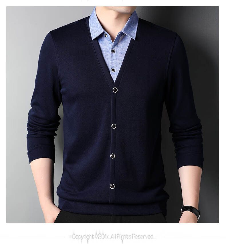 ROMON Autumn Winter Fake Two-Piece Knit Sweater Men Lapel Base Shirt Business Casual Warm Sweater for Young and Middle-Aged Men 5