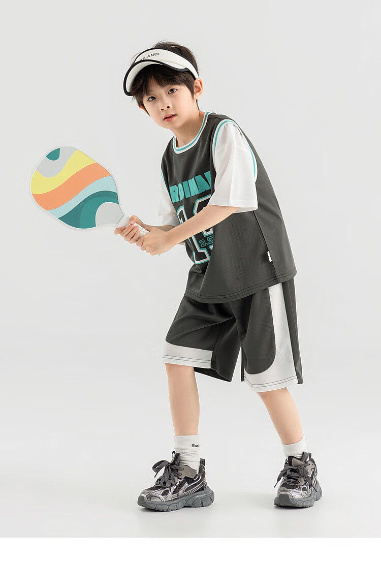 Duoduojia Boys' Sports Mesh Set, Summer Children's Fake Two-Piece Short-Sleeve Pants, Fashionable And Cool Basketball Outfit for Older Kids 14