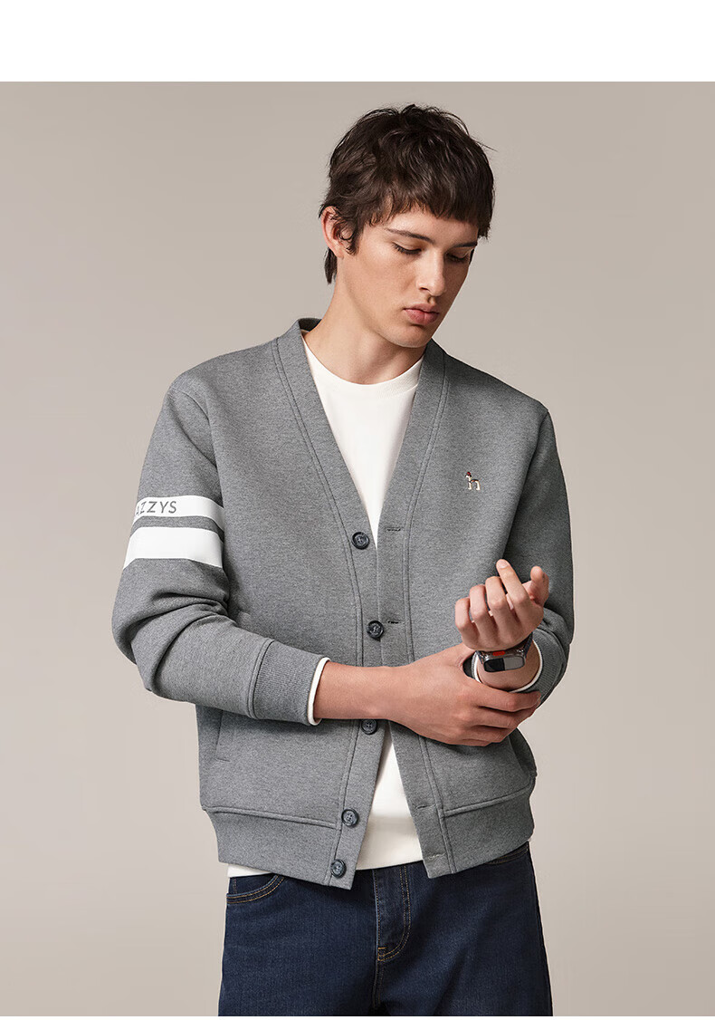 HAZZYS Men's Spring and Autumn V-Neck Casual Jacket with Color-Block Sleeves Cardigan Sweatshirt ABTZE0CCX34 9
