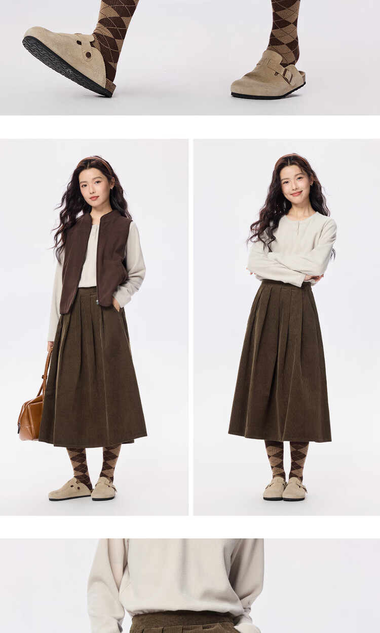 Giordano Women's Corduroy Umbrella Skirt Autumn Winter Pure Cotton Semi-Elastic Waist A-Line Pleated Skirt 05465672 11