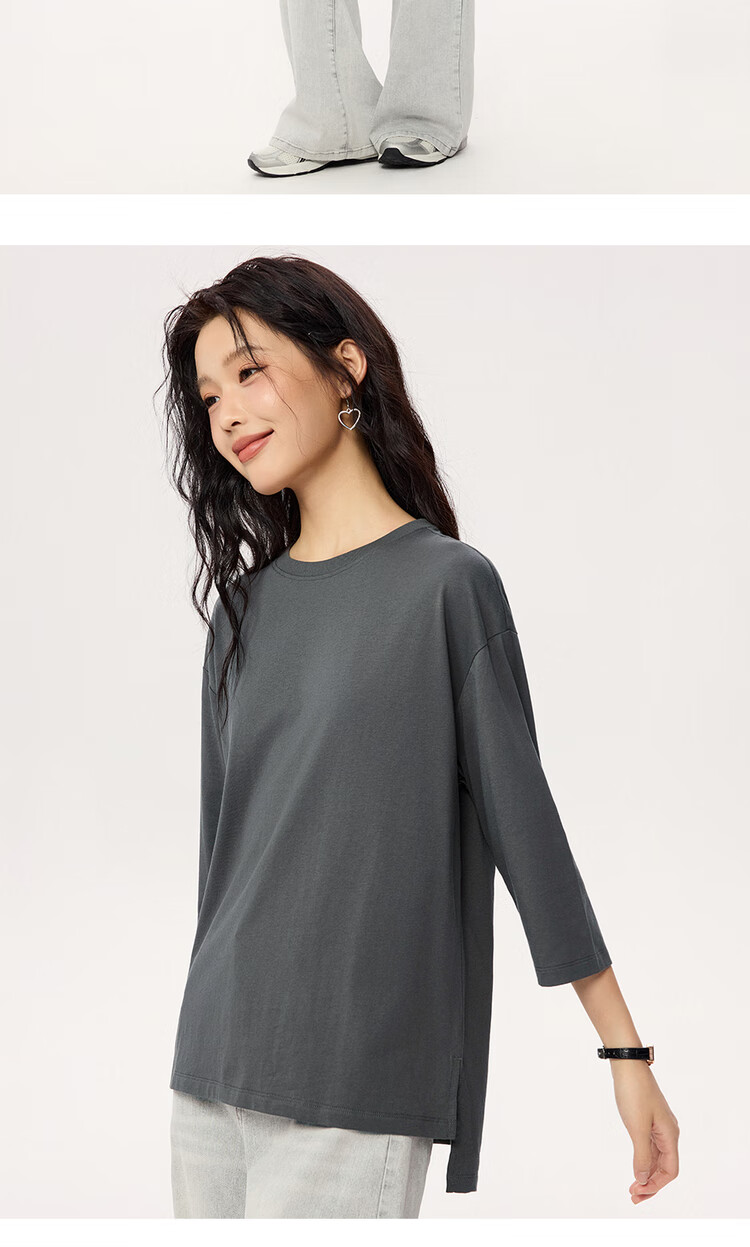 Giordano Women's T-Shirt, 2026 New Style, Pure Cotton, Short Front Long Back, Loose Fit, Round Neck, Three-Quarter Sleeve Top, 05325790 12