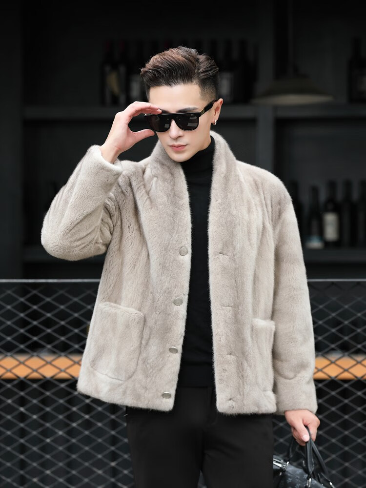 宝佳美 新款进口貂皮外套大衣男整貂短款无领美国天鹅绒青年时尚水貂
