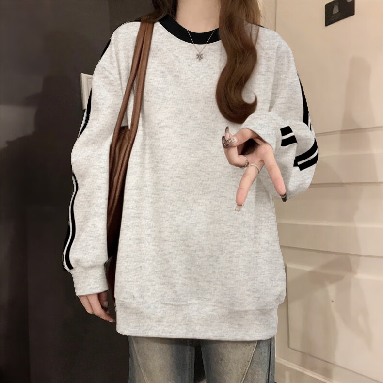 Jeanswest American Casual Navy Crew Neck Sweatshirt for Women 2026 Spring New Loose Fit Hoodless Long Sleeve Top with Two Stripes 10