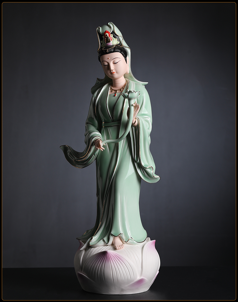 戴玉堂 青瓷观音菩萨佛像摆件 步步生莲陶瓷坐莲观世音娘娘家用供奉