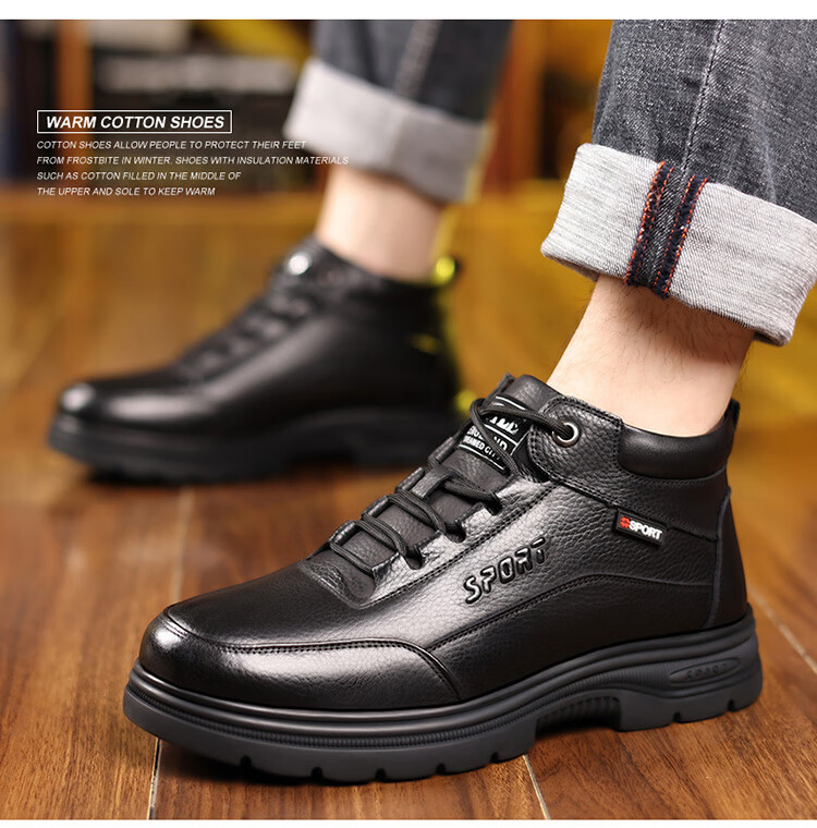 Hengyuanxiang Men's First Layer Cowhide Lace-up Martin Boots with Fleece Lining Autumn Winter Cotton Shoes J63803 Black 43 3