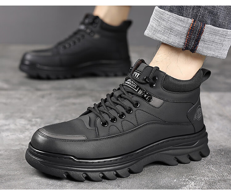 Hengyuanxiang Men's First Layer Cowhide Lace-up Martin Boots Autumn Winter Fleece-lined Cotton Shoes J6723 Black 39 4