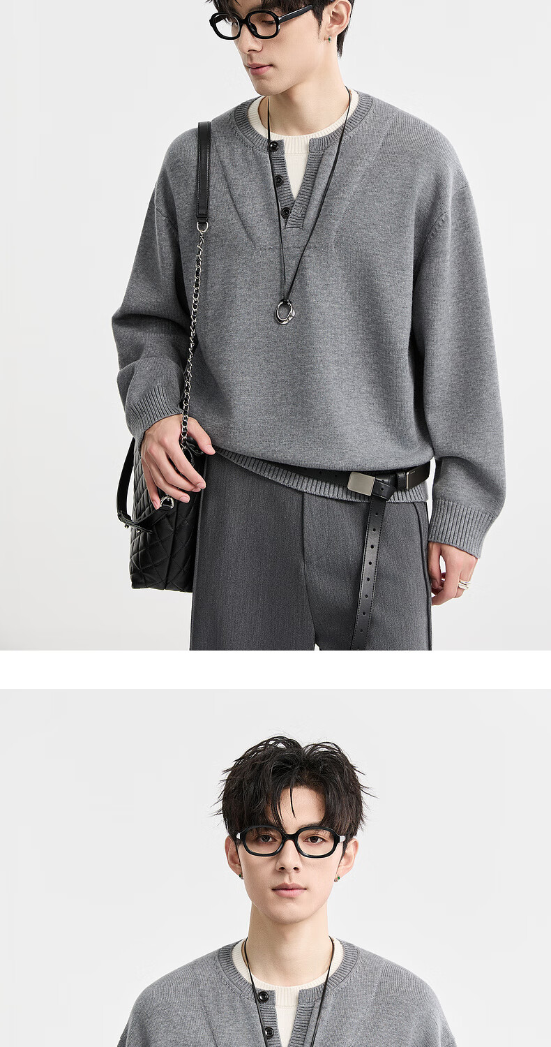 Earl Zuoer Wool Blend Two-in-One Henry Collar Autumn 2025 Long Sleeve Knit Base Shirt Men's Colorblock Sweater 17