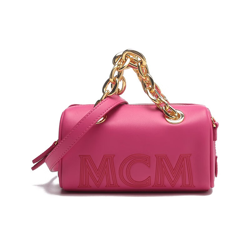 mcm 手提包女士压花logo皮革链条手提单肩斜挎包波士顿包迷你款送女友