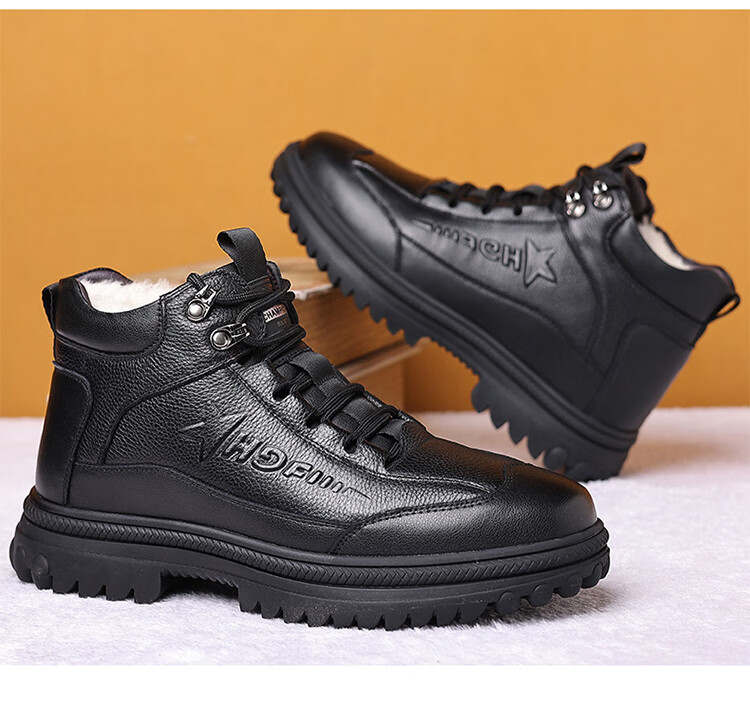Hengyuanxiang Men's First Layer Cowhide Leather Winter Fleece-lined Martin Boots New Snow Boots Cotton Shoes J6388 Black Size 43 9