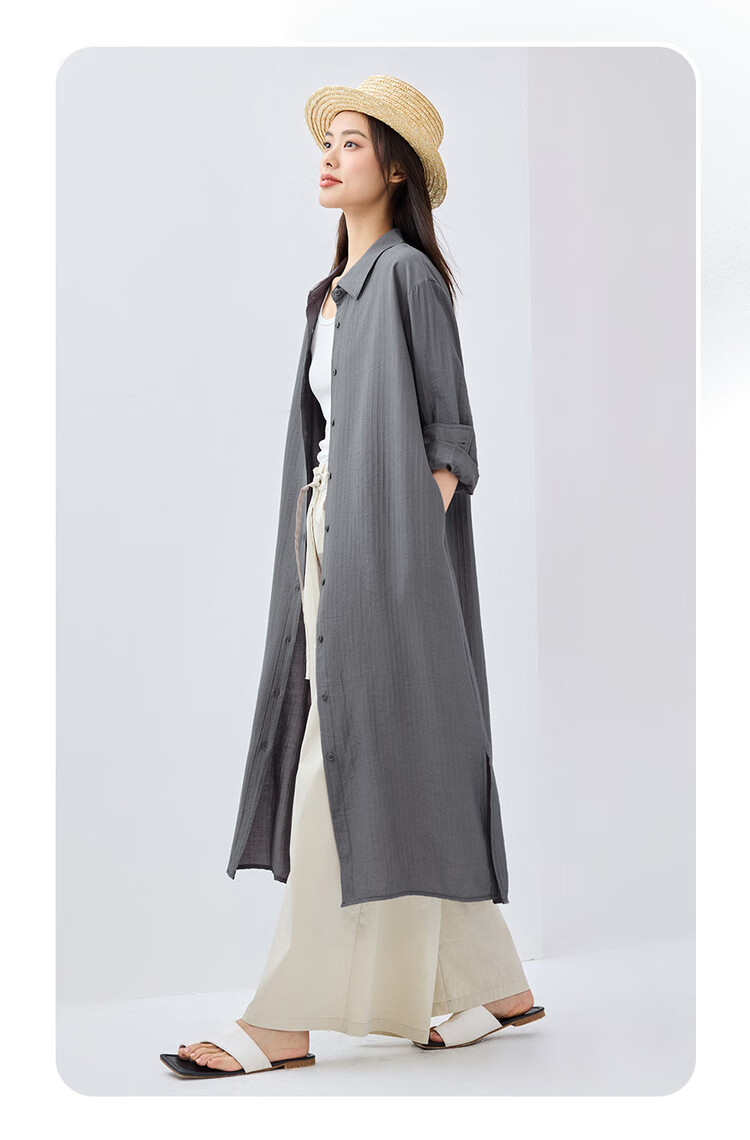 Giordano Women's Dress, 2026 Spring New Style, Side Slit with Subtle Stripes, Long-Sleeve Shirt Dress for Women, 05465070 17