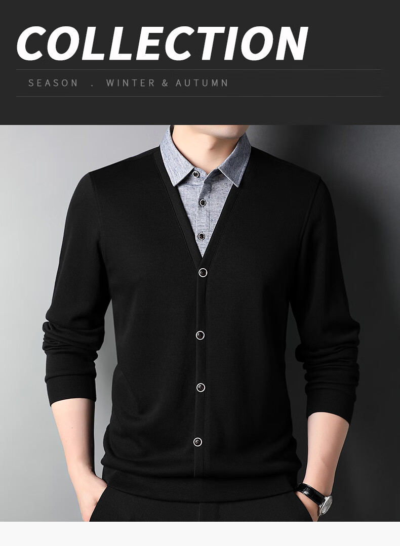 ROMON Autumn Winter Fake Two-Piece Knit Sweater Men Lapel Base Shirt Business Casual Warm Sweater for Young and Middle-Aged Men 1
