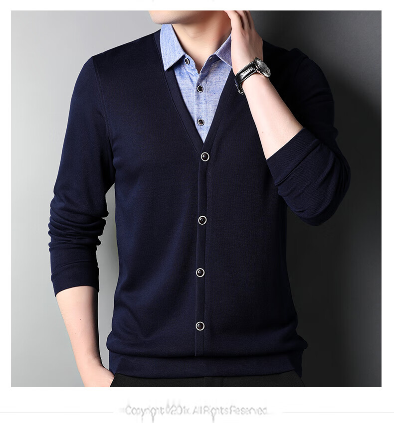ROMON Autumn Winter Fake Two-Piece Knit Sweater Men Lapel Base Shirt Business Casual Warm Sweater for Young and Middle-Aged Men 8