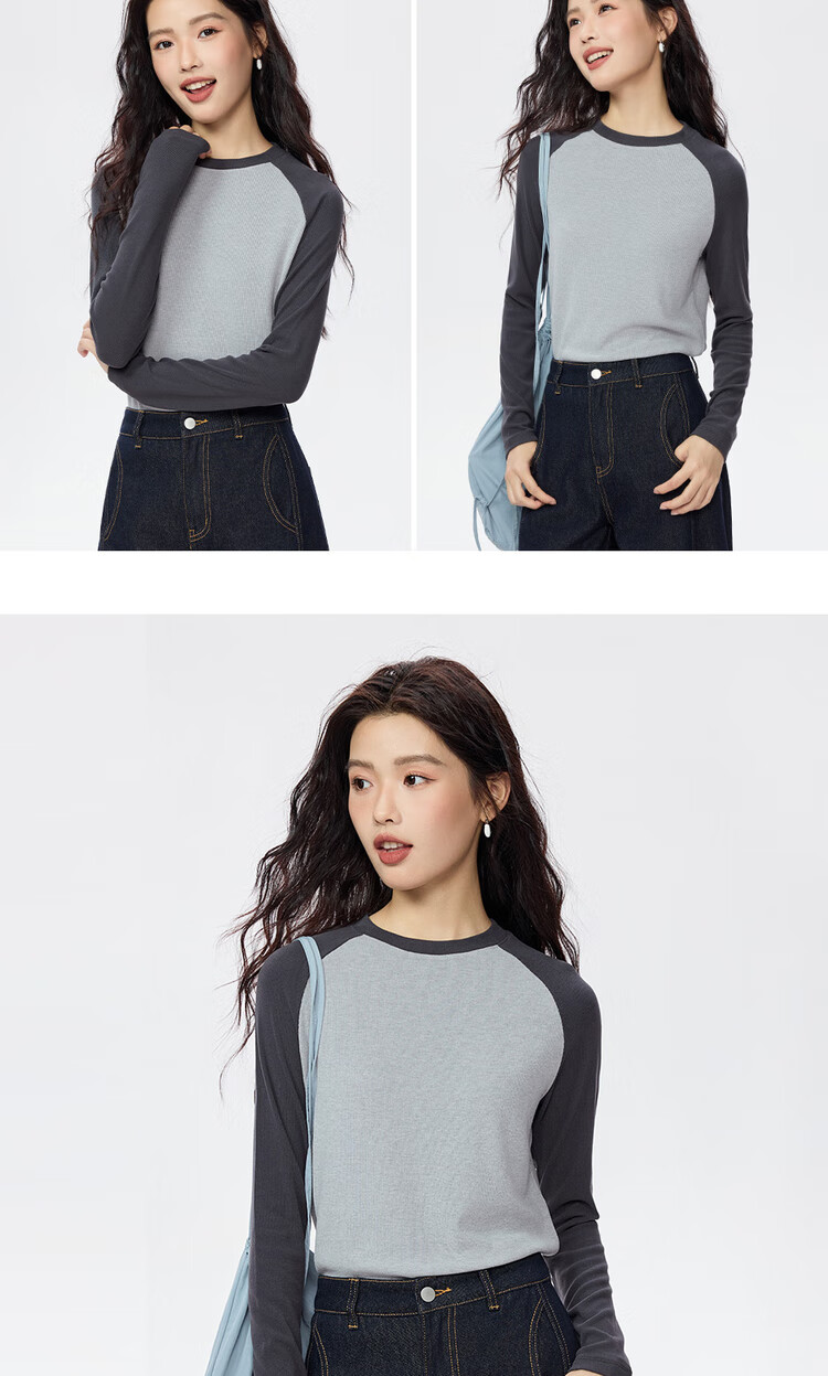 ZARA Women's Long Sleeve T-shirt with Elasticity, Vintage American Style Contrast Color Patchwork Round Neck Knitted Top 05325821 13